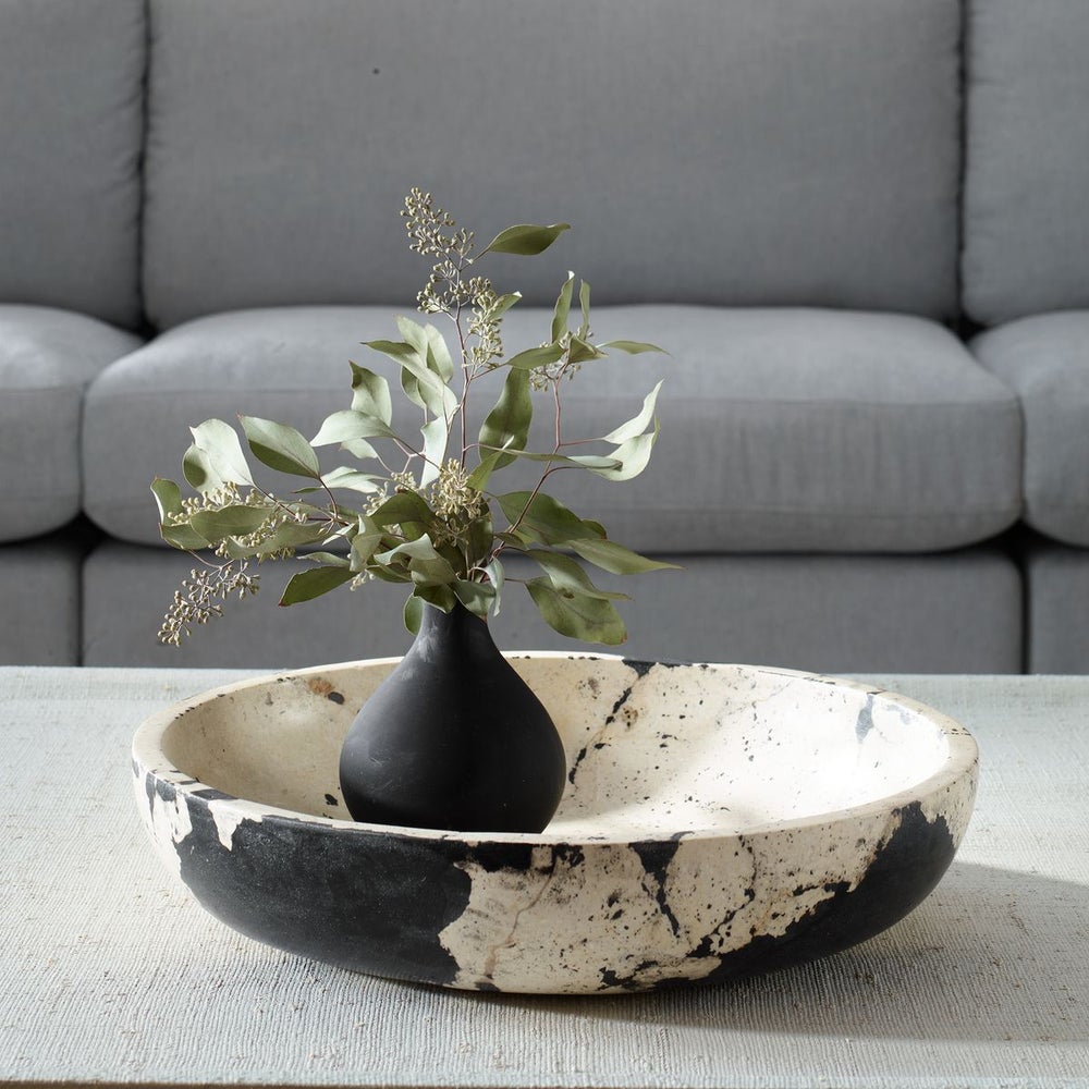 Uttermost Nouveau Handcrafted White Limestone With Black Accents Bowl - Image 1