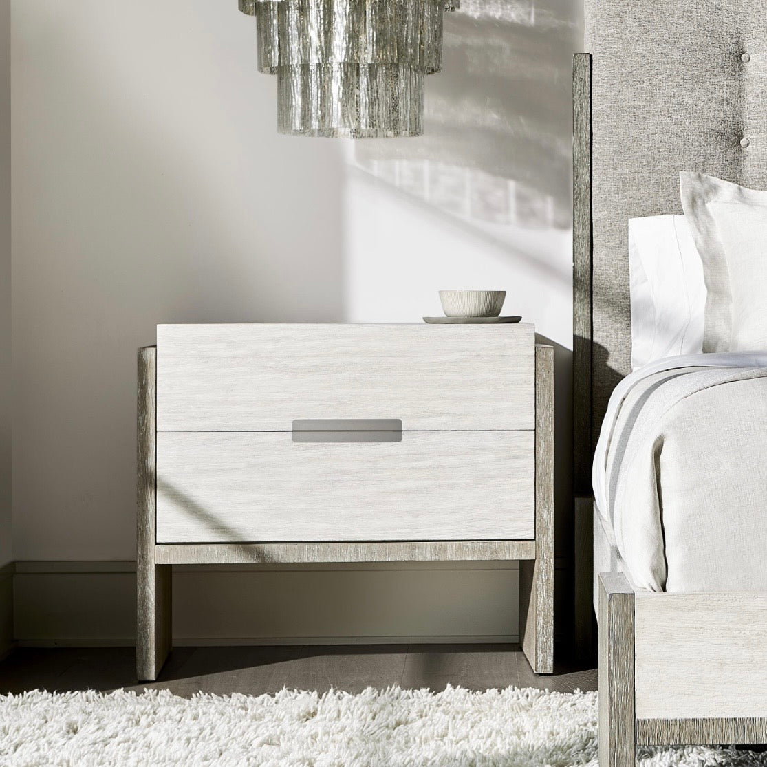 Bernhardt Foundations Collection Two Drawer Nightstand ~ Two – Tone Finish In Linen Shale And Light Shale