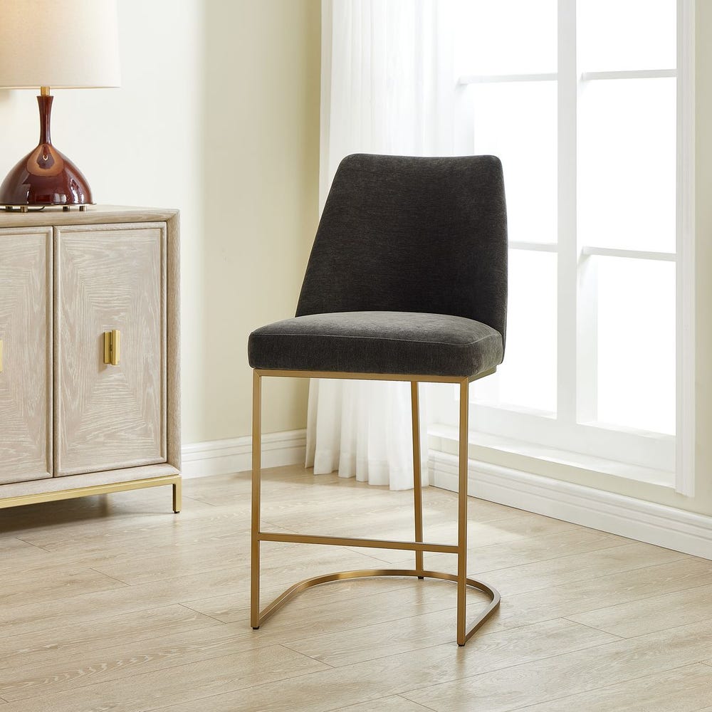 Uttermost Hanni Brass Counter Stool With Charcoal Velvet Cushioned Seat - Image 1