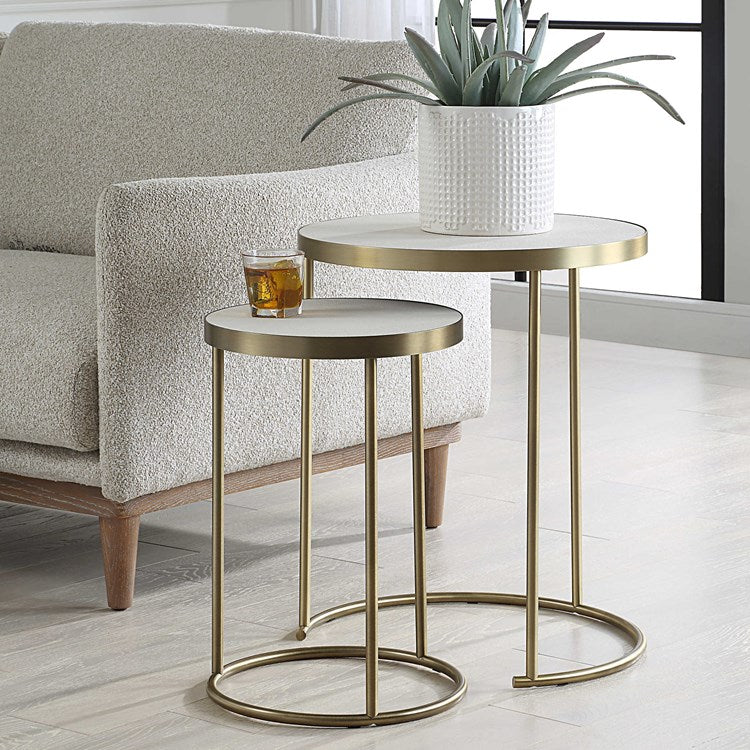 Uttermost Aragon White Shagreen Top with Brass Base Set of 2 Modern Round Nesting Tables - Image 1