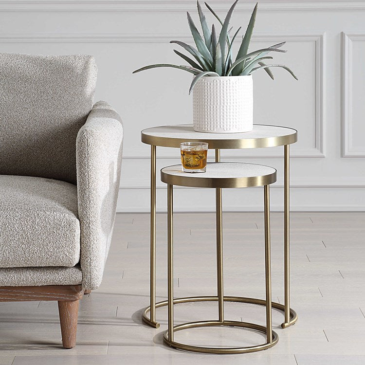Uttermost Aragon White Shagreen Top with Brass Base Set of 2 Modern Round Nesting Tables - Image 3