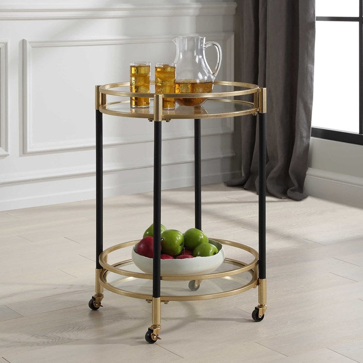 Uttermost Dolly Matte Black and Gold Leaf Finished Iron Bar Cart - Image 1