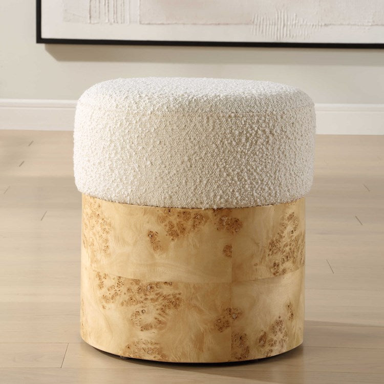 Uttermost Swirls Ivory Boucle with Burl Wood Round Ottoman - Image 1