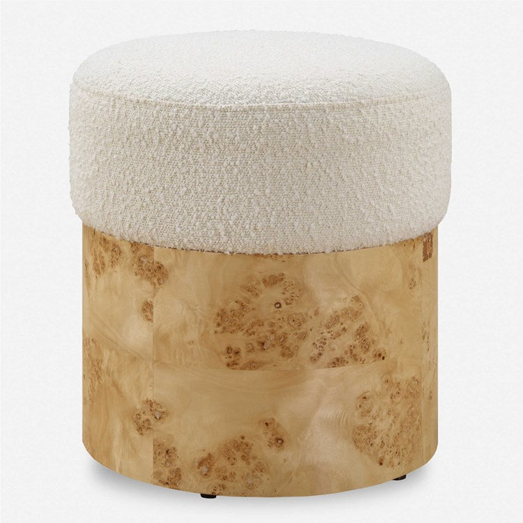 Uttermost Swirls Ivory Boucle with Burl Wood Round Ottoman - Image 2