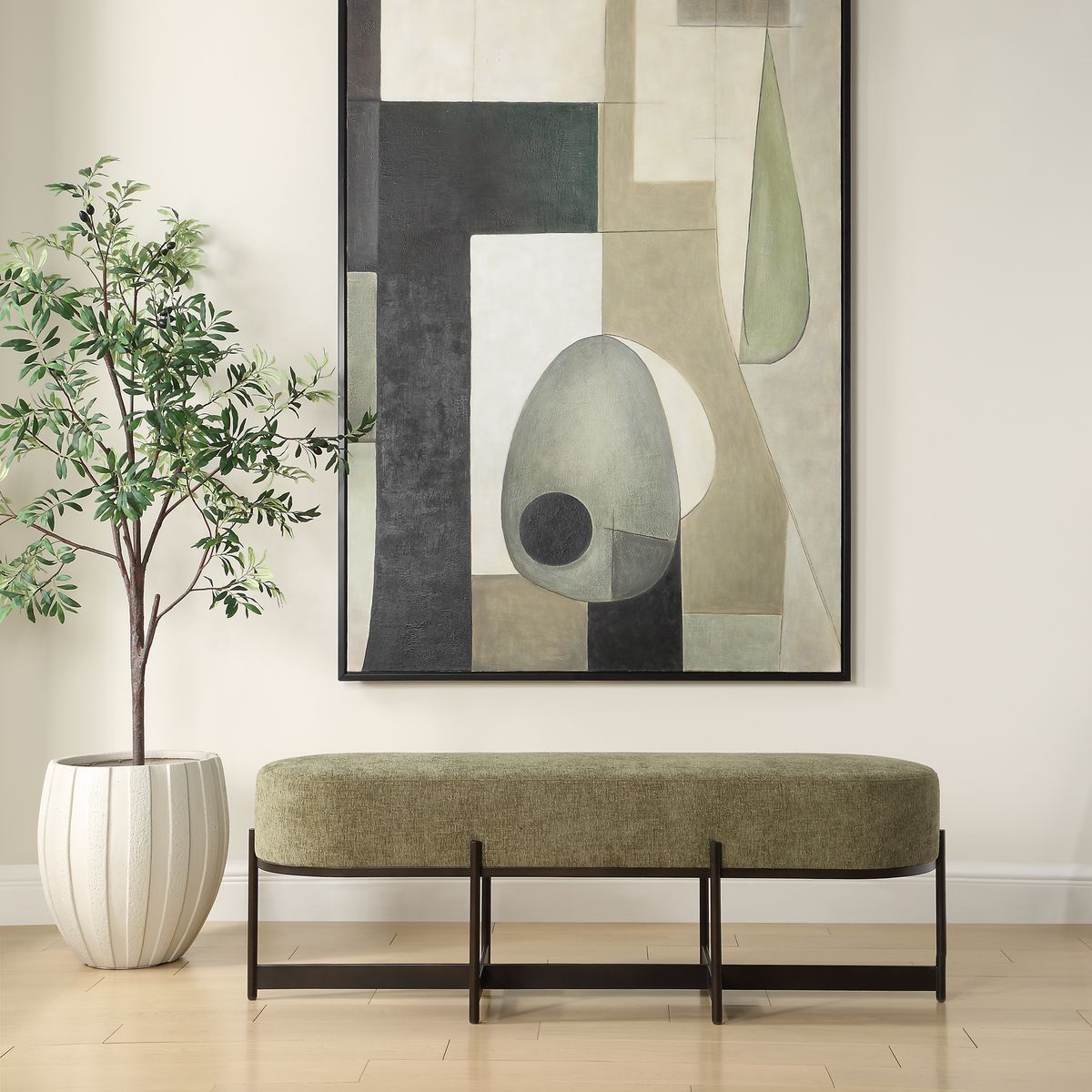 Uttermost Merino Moss Green Upholstered Bench With Bronze Iron Frame - Image 1