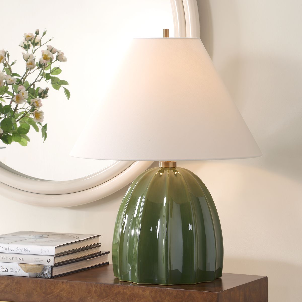 Uttermost Renna Rich Moss Green Glazed Base Table Lamp With White Linen Shade - Image 1