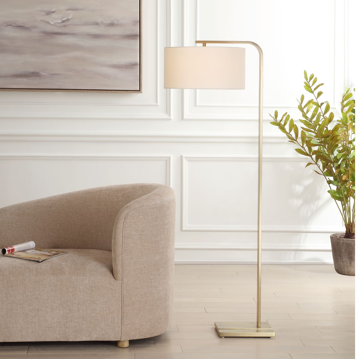 Uttermost Laight Antique Brass Floor Lamp With White Linen Shade - Image 1
