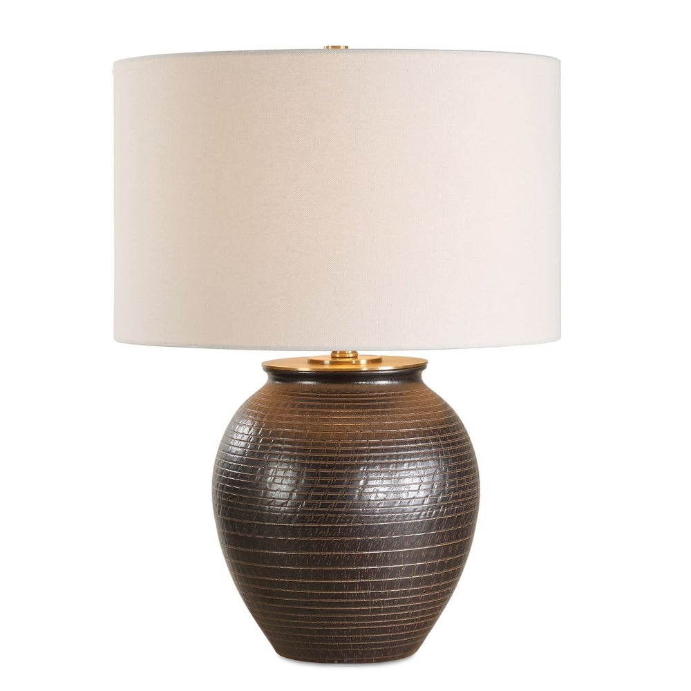 Uttermost Hawkins Dark Bronze Glazed Base Table Lamp With White Linen Shade - Image 2