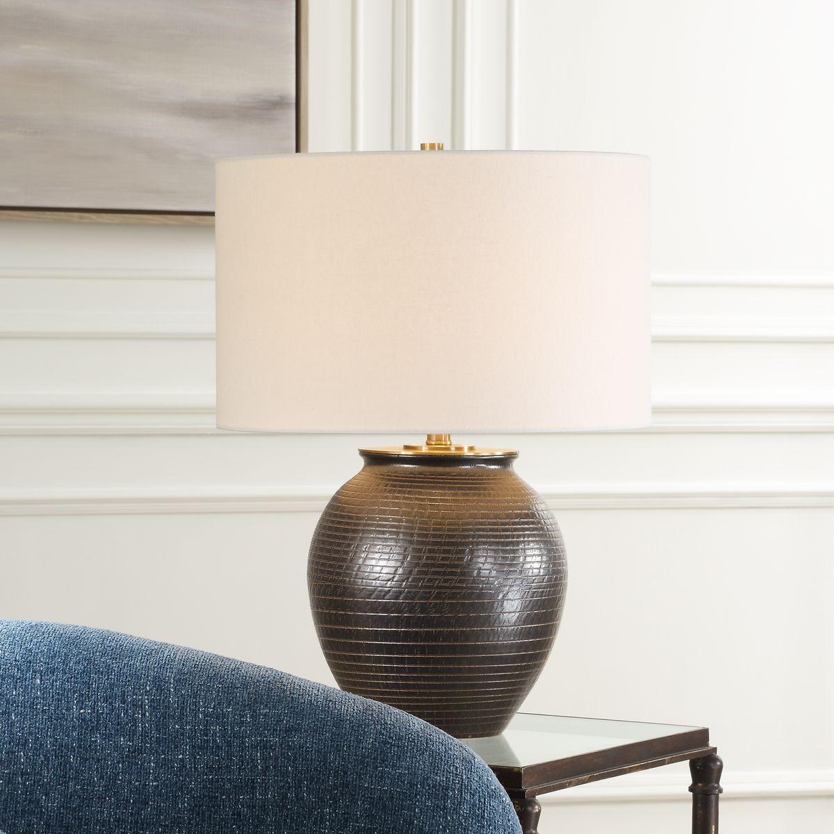 Uttermost Hawkins Dark Bronze Glazed Base Table Lamp With White Linen Shade - Image 1