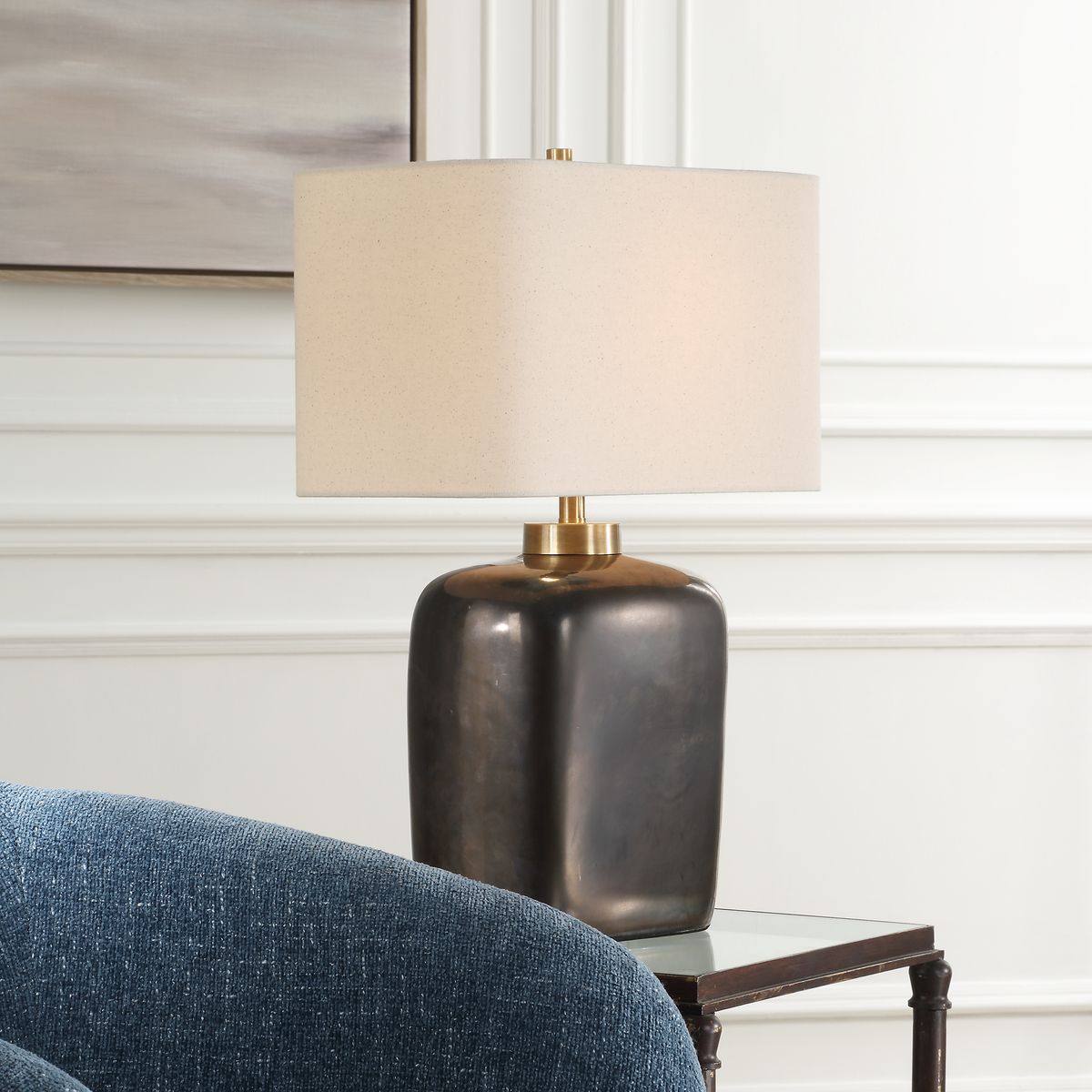 Uttermost Quentin Dark Bronze Ceramic Base Table Lamp With White Linen Shade - Image 1