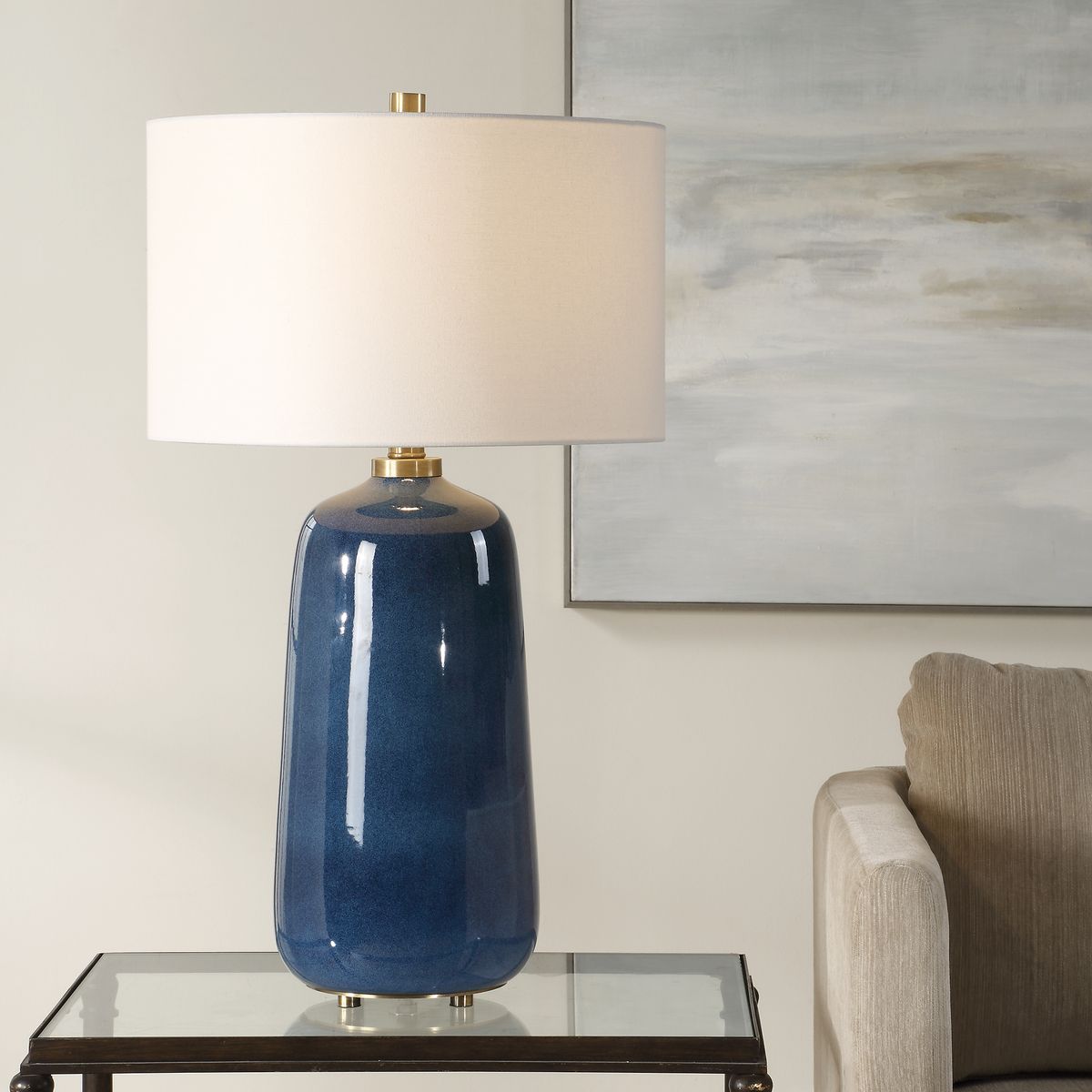 Uttermost Brae Deep Blue Glazed Ceramic Base Table Lamp With White Linen Shade - Image 1