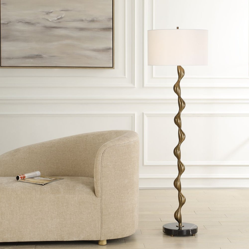 Uttermost Remolino Warm Bronzed Cast Iron Floor Lamp With White Linen Shade - Image 1