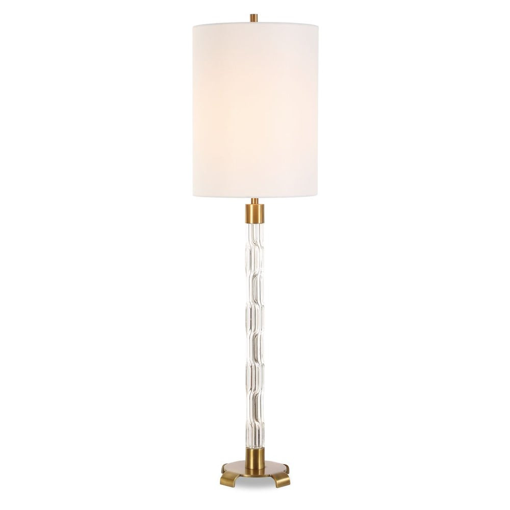 Uttermost York Mid-Century Crystal Column Buffet Lamp With White Linen Shade - Image 2