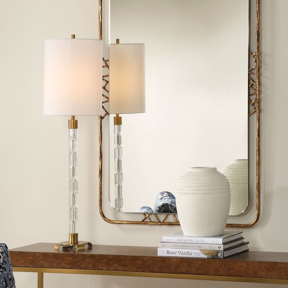 Uttermost York Mid-Century Crystal Column Buffet Lamp With White Linen Shade - Image 1