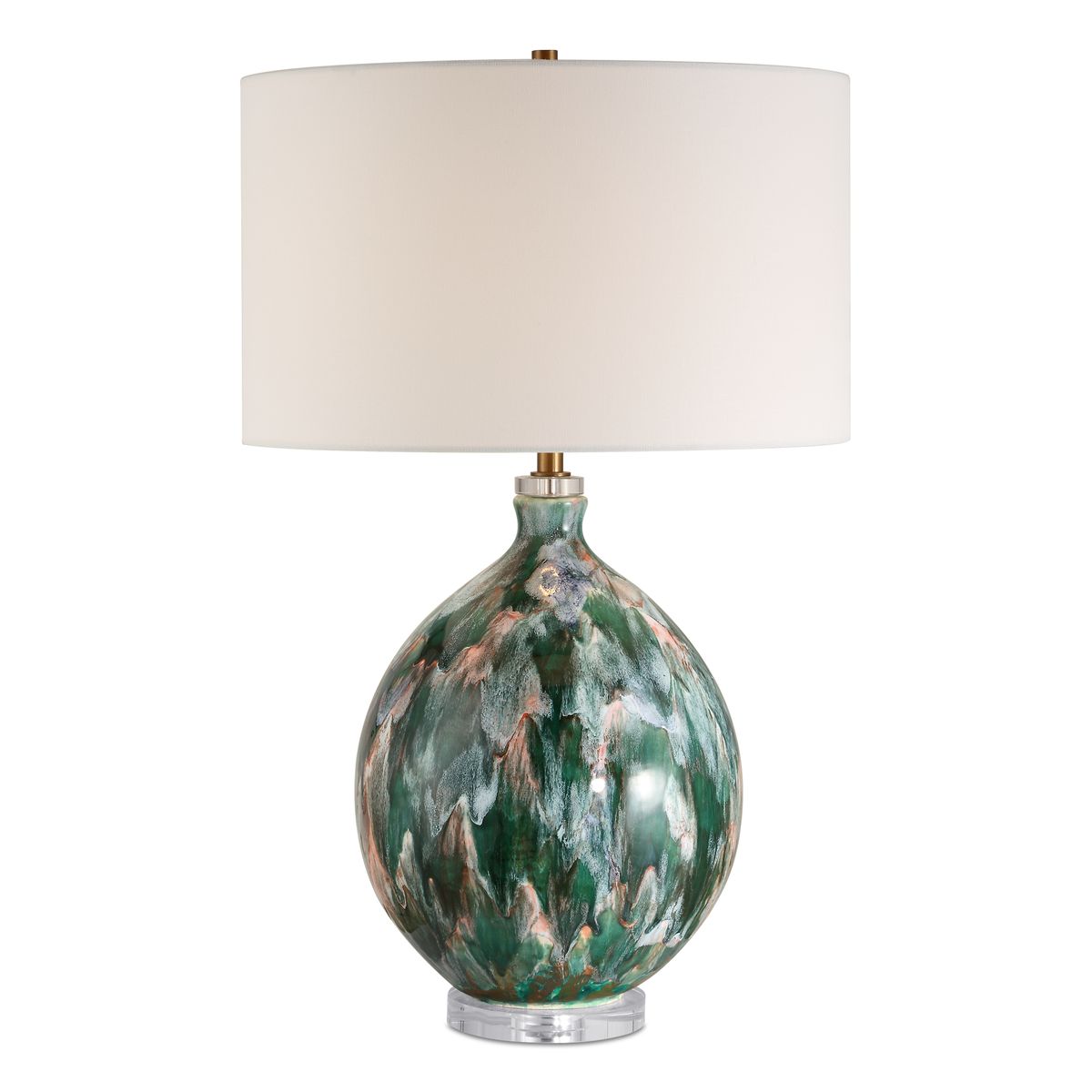 Uttermost Mihaela Ivory, Dark Green And Salmon Glazed Base Table Lamp With White Linen Shade - Image 2