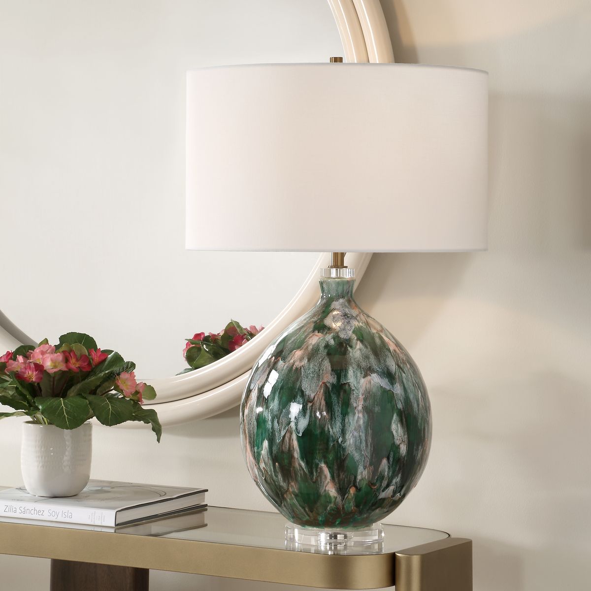 Uttermost Mihaela Ivory, Dark Green And Salmon Glazed Base Table Lamp With White Linen Shade - Image 1