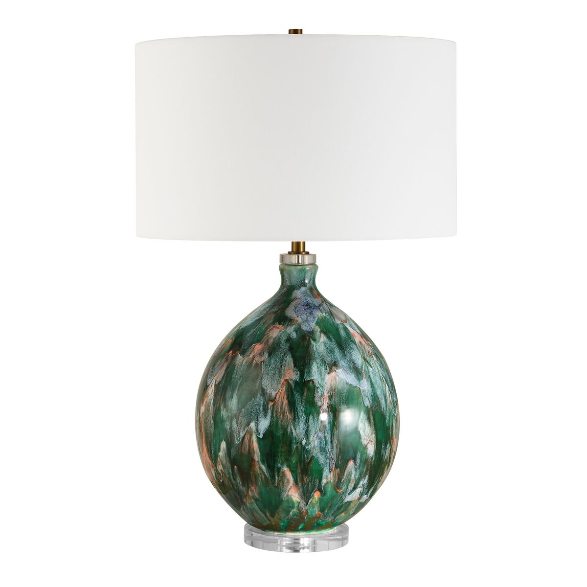 Uttermost Mihaela Ivory, Dark Green And Salmon Glazed Base Table Lamp With White Linen Shade - Image 3