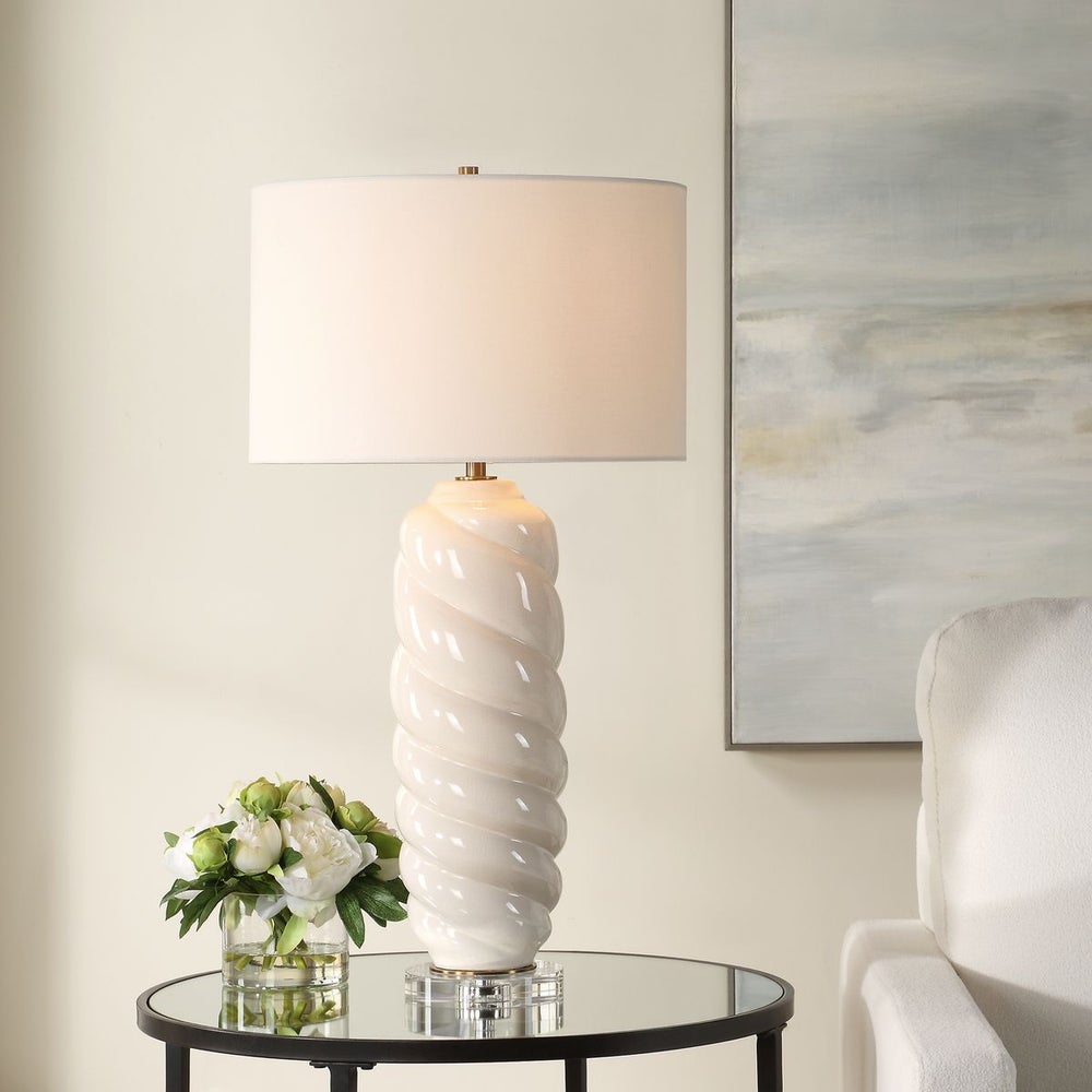 Uttermost Anneli White Ceramic Swirl Table Lamp With White Linen Shade - Image 1