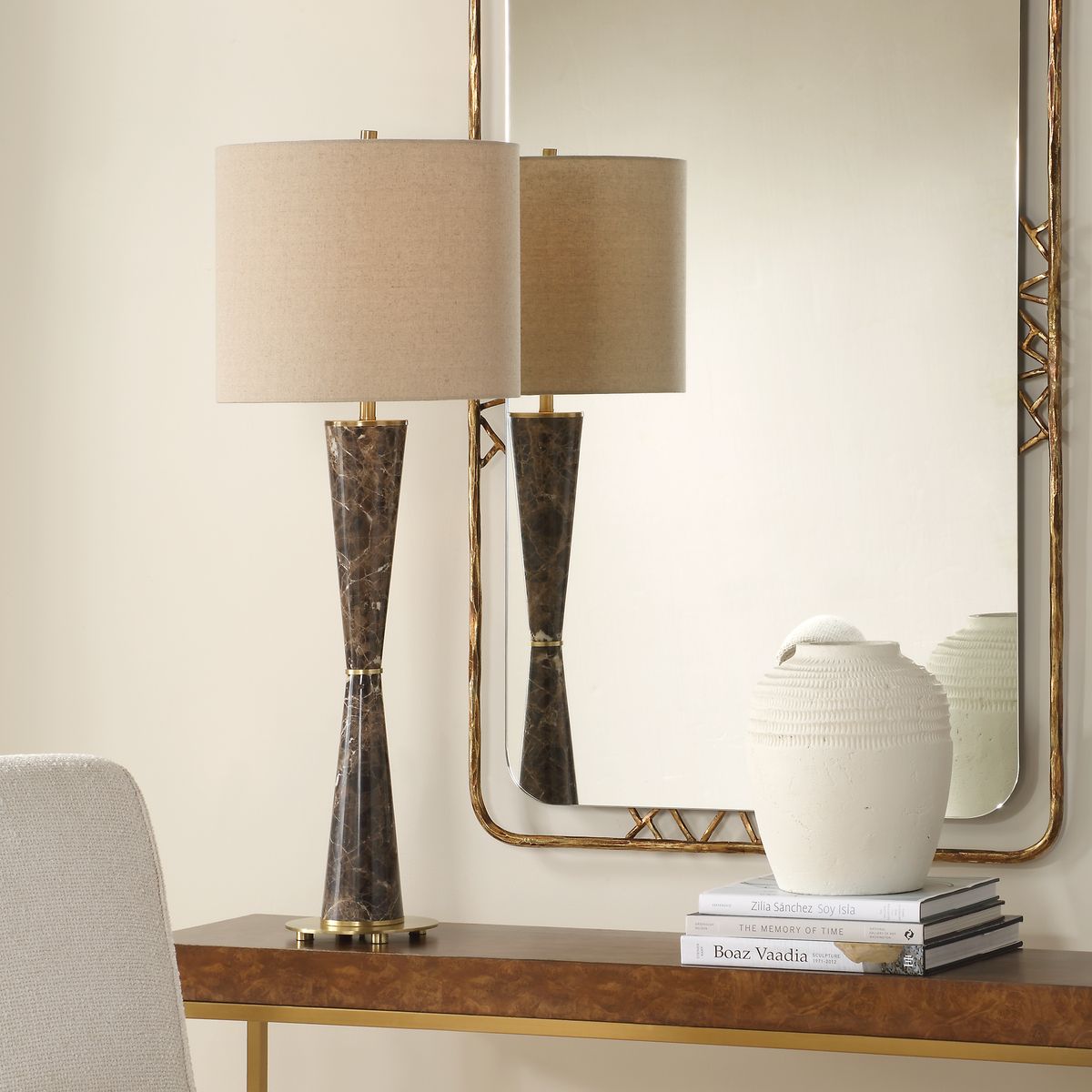 Uttermost Jameson Chocolate Brown Marble Hourglass Table Lamp With Light Beige Linen  Shade - Image 1