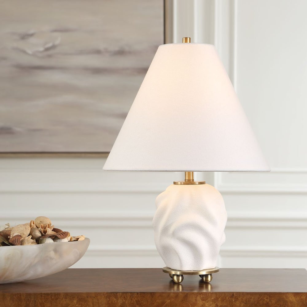 Uttermost Bora Matte White Glazed Swirl Base Accent Lamp With White Linen Shade - Image 1