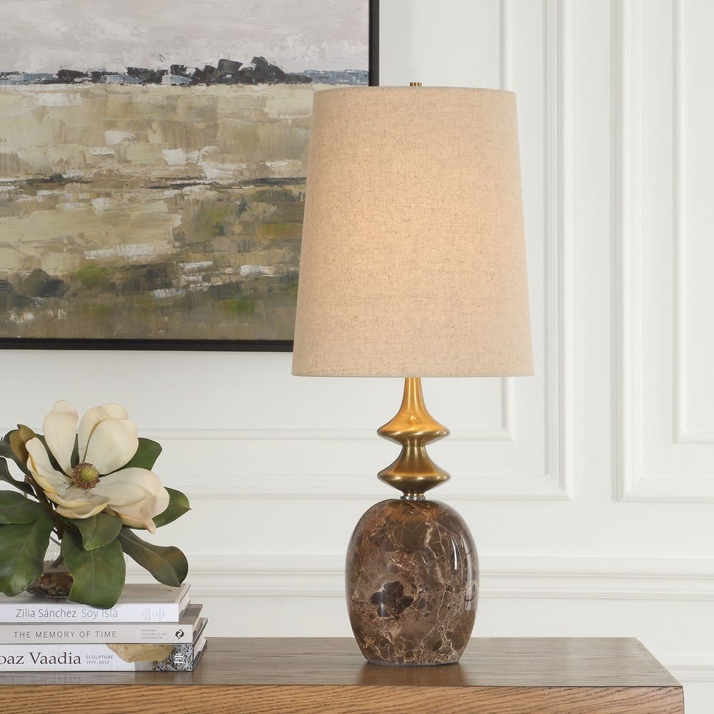 Uttermost Percy Brown Marble and Brass Details Buffet Lamp With White Linen Shade - Image 1
