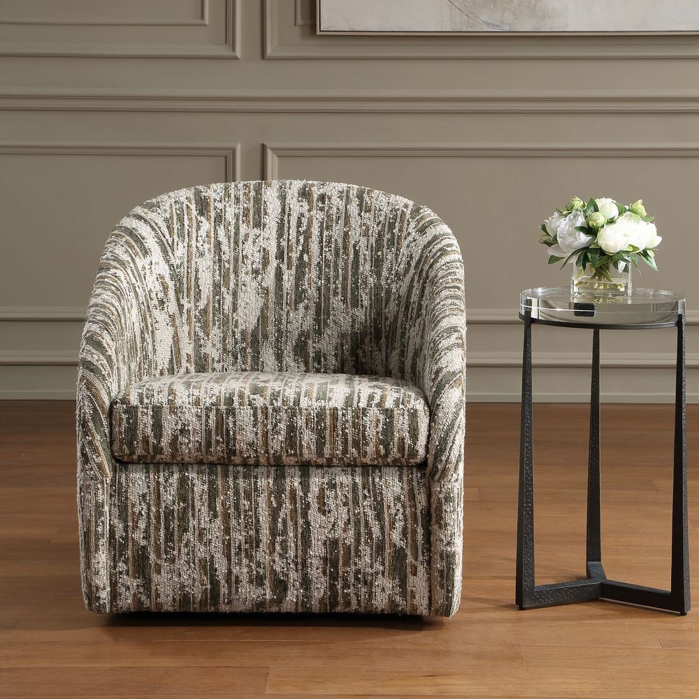 Uttermost Mari Moss Green, Carmel, And Ivory Barrel Swivel Chair - Image 3