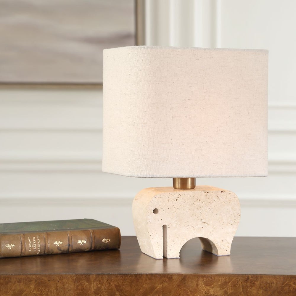 Uttermost Tusk Elephant Sculpture Beige Accent Lamp With Khaki Fabric Shade - Image 1