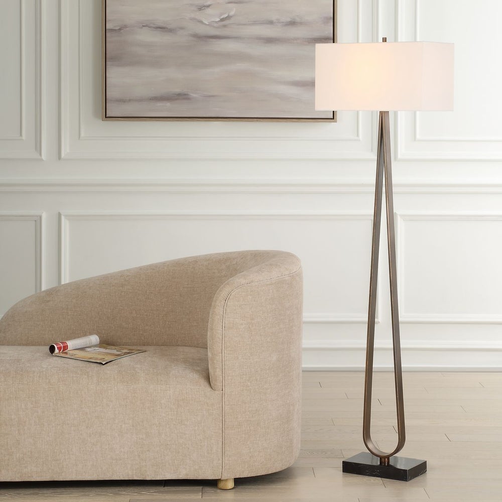 Uttermost Galloway Slim Dark Bronze Floor Lamp With White Linen Shade - Image 1