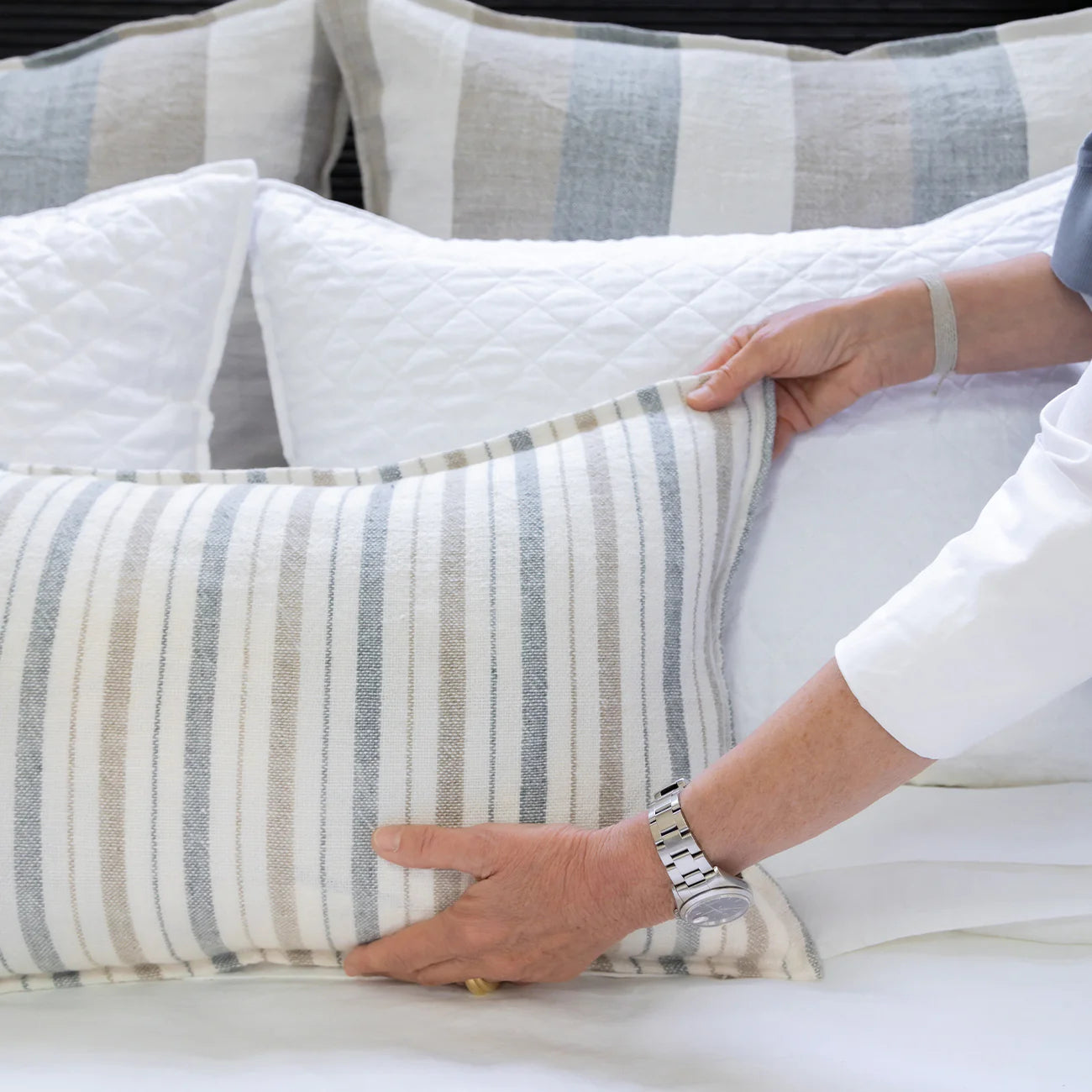 Pom Pom at Home Naples Ocean and Natural Linen Striped Pillow with Insert  ~ 14 x 24 - Image 3