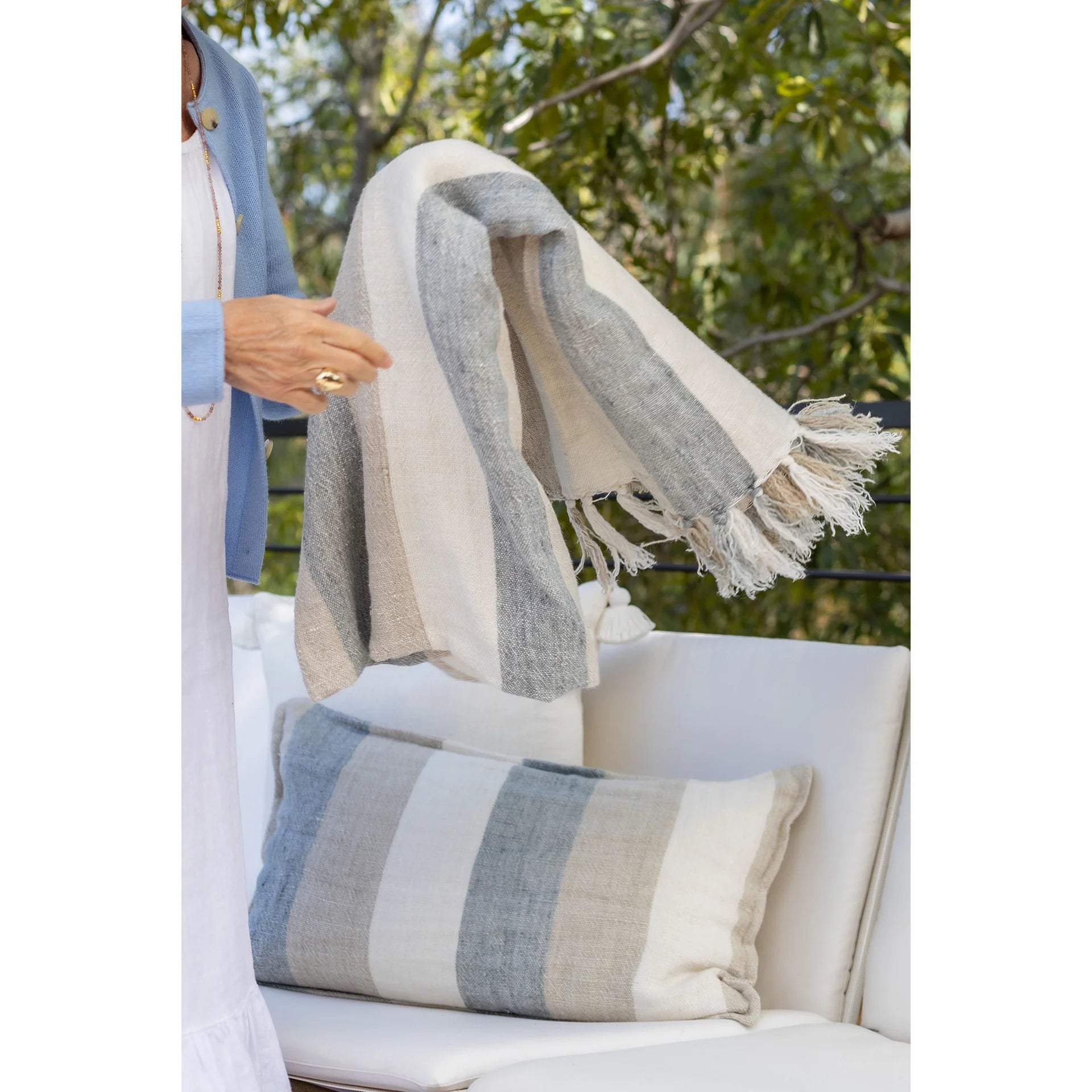 Pom Pom at Home Monterey Ocean and Natural Linen Striped Pillow with Insert  ~ 14 x 24 - Image 3