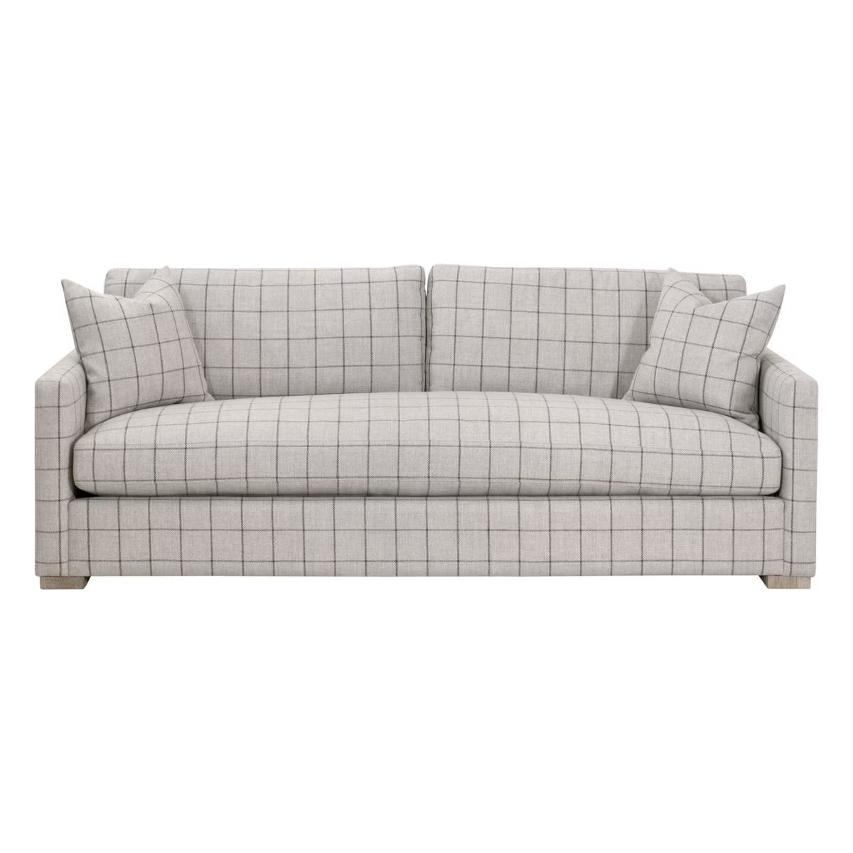 Essentials For Living Clara 86″ Slim Arm Sofa ~ Performance Windowpane Cement With Natural Gray Oak