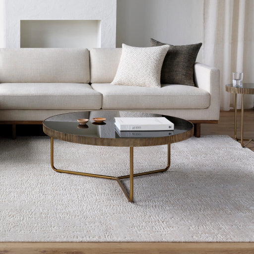 Surya Melton Modern Black Glass & Metallic Brass Base Round Coffee Table  MEL-003 - Image 1