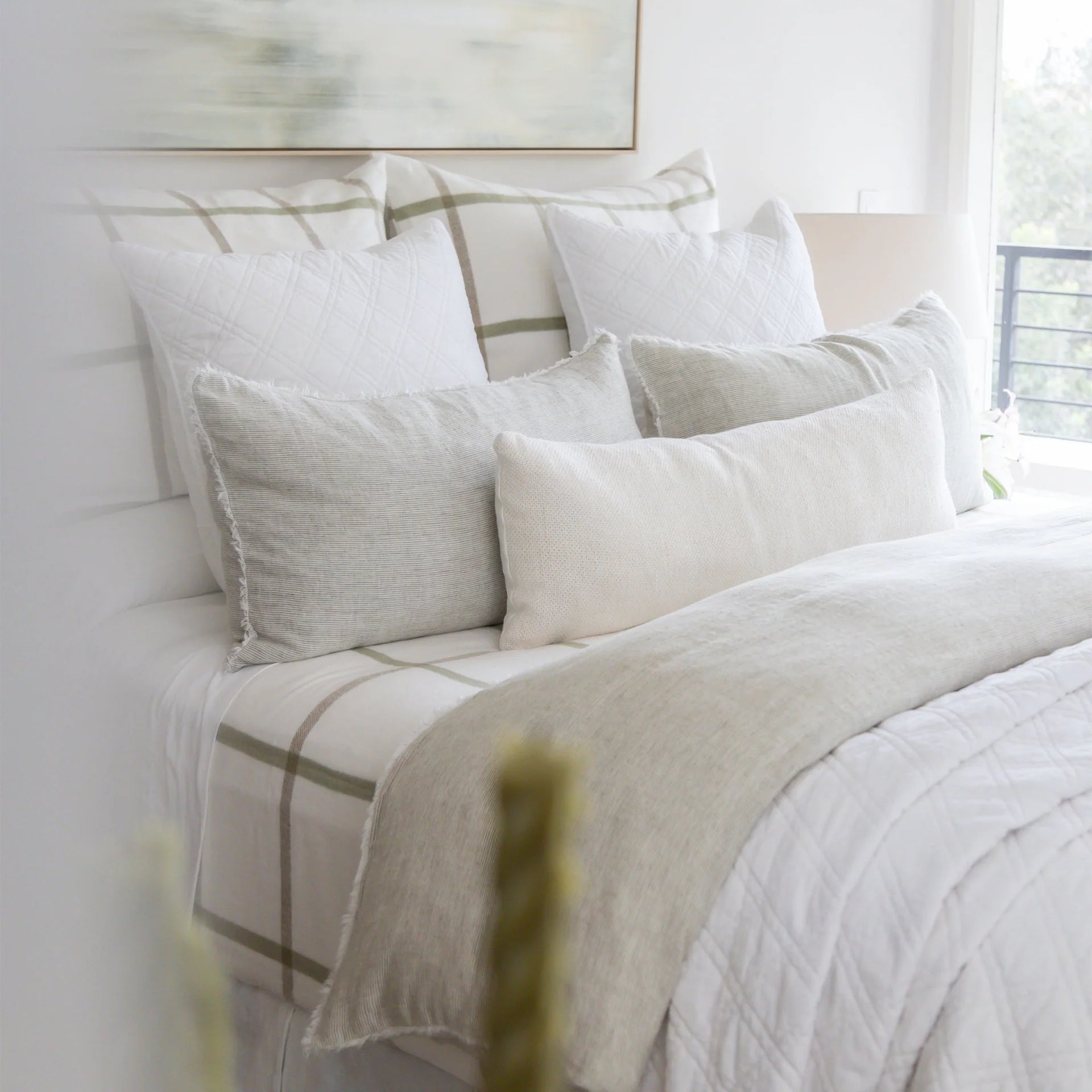 Pom Pom at Home Copenhagen White and Olive Big Pillow with Insert ~ 28 x 36 - Image 1