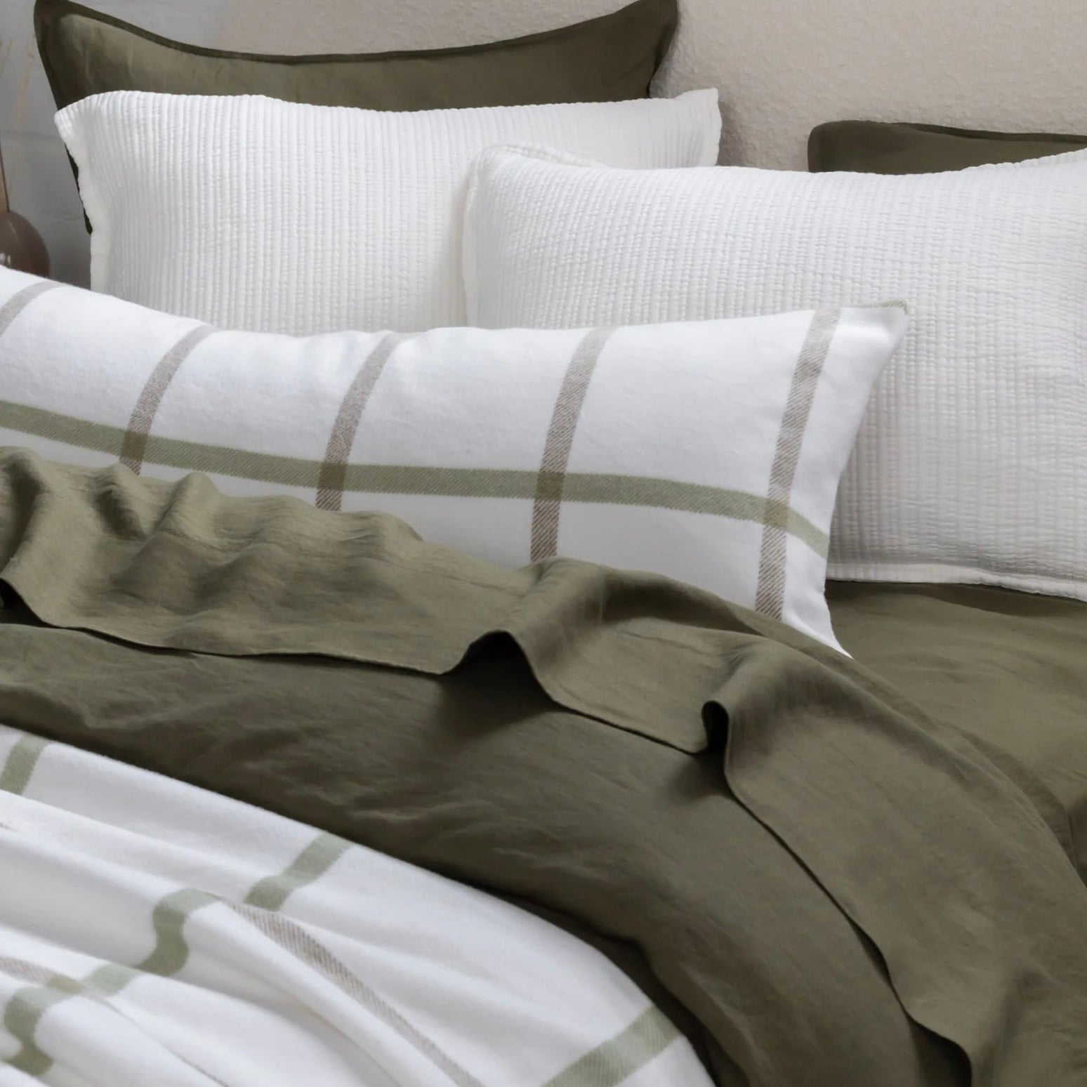 Pom Pom at Home Copenhagen White and Olive Pillow with Insert ~ 14 x 40 - Image 1