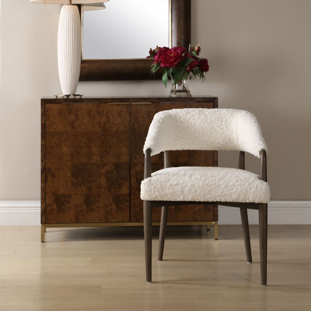 Uttermost Austell Dark Walnut Finish With Cream- Toned Faux Shearling Dining Chair - Image 1