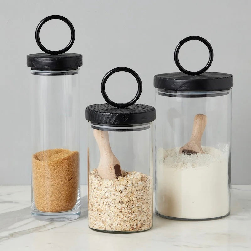 etúHOME Black Ring Top Set of 3 Glass Canisters ~ IN-STORE PURCHASE ONLY