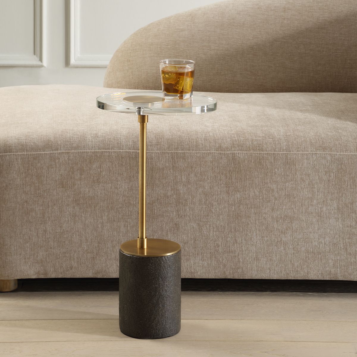 Uttermost Kaufman Contemporary Crystal Top With Antique Brass Round Accent Table