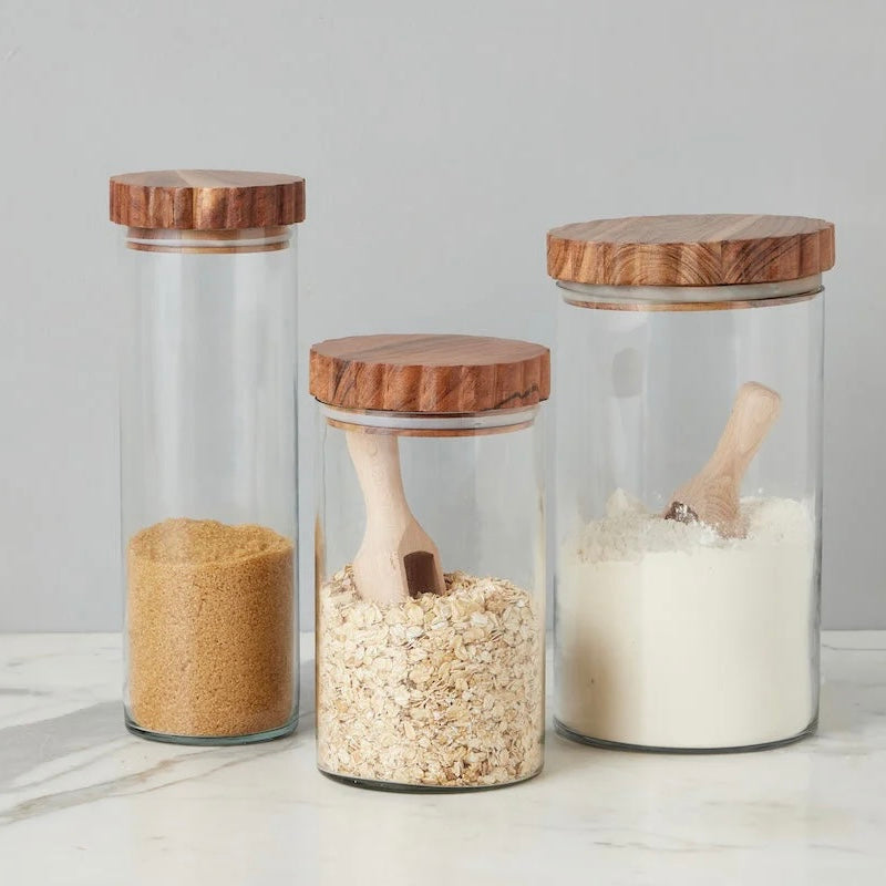 etúHOME Scalloped Wood Top Set of 3 Glass Canisters ~ IN-STORE PURCHASE ONLY