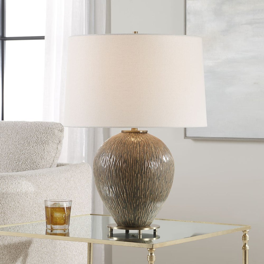 Uttermost Rya Distressed Rich Brown Table Lamp With White Linen Shade - Image 2