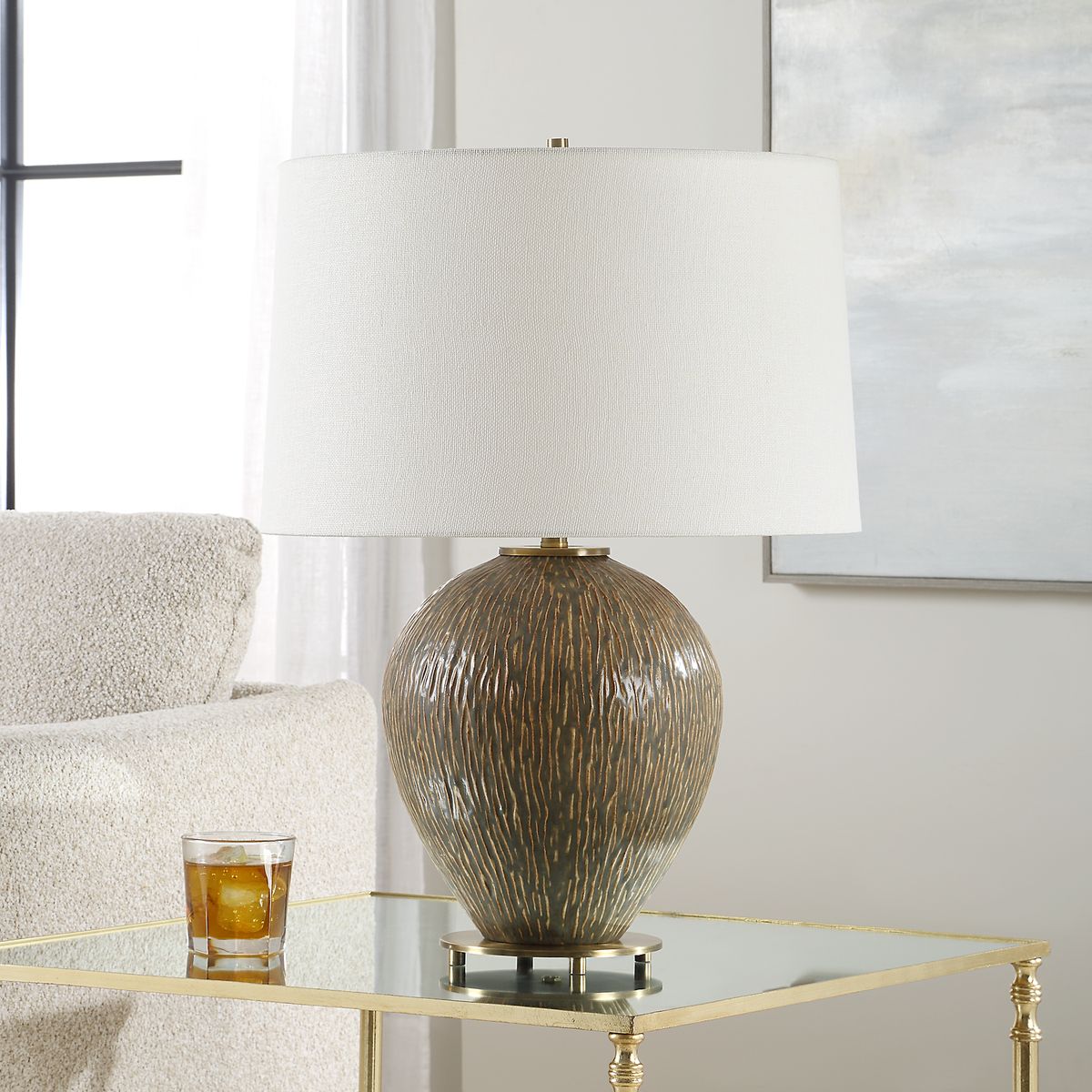 Uttermost Rya Distressed Rich Brown Table Lamp With White Linen Shade - Image 1