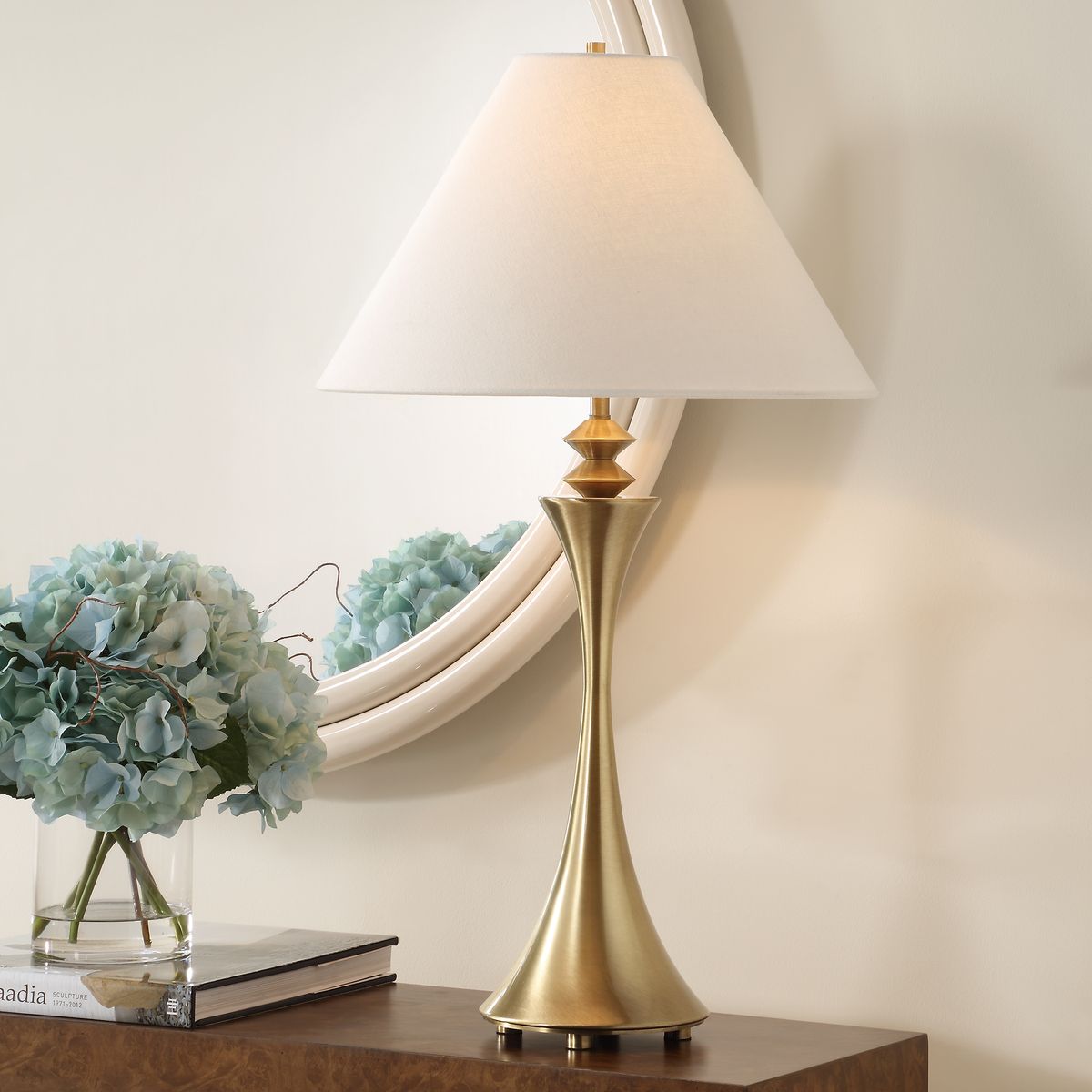 Uttermost Shaefer Brass Table Lamp With Crisp White Linen Shade - Image 1