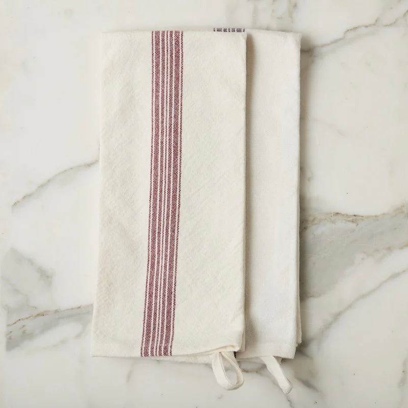 etúHOME Vintage Merlot Red Stripe Kitchen Tea Towels ~ Set of 2