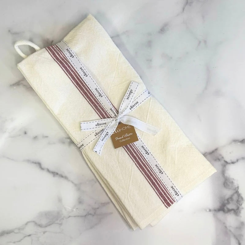 etúHOME Vintage Merlot Red Stripe Kitchen Tea Towels ~ Set of 2 - Image 2