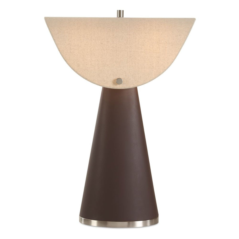 Uttermost Conover Rich Chocolate Vegan Leather Table Lamp With A Unique Shape White Linen Shade - Image 2