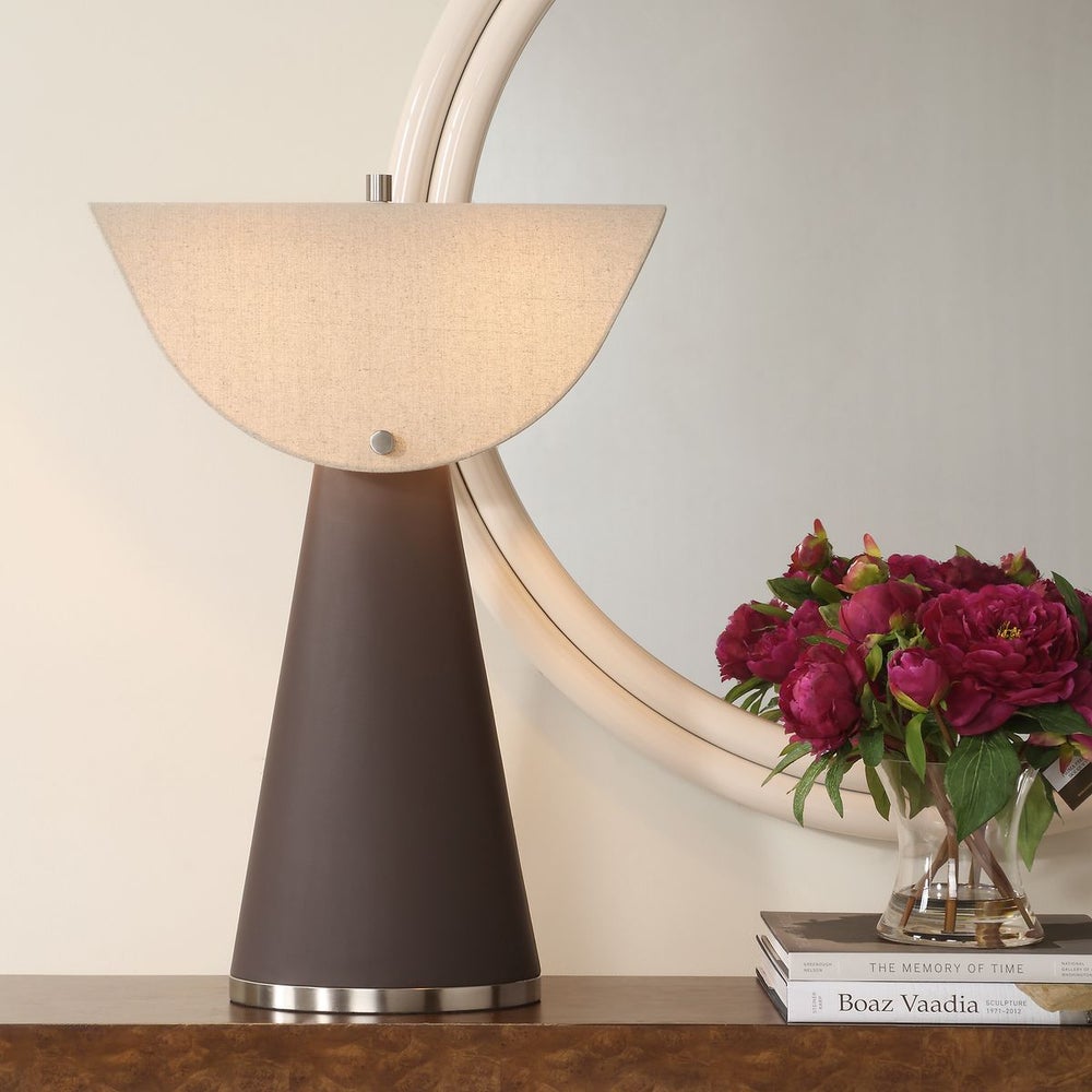 Uttermost Conover Rich Chocolate Vegan Leather Table Lamp With A Unique Shape White Linen Shade - Image 1