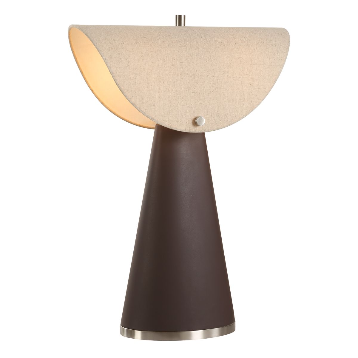 Uttermost Conover Rich Chocolate Vegan Leather Table Lamp With A Unique Shape White Linen Shade - Image 3