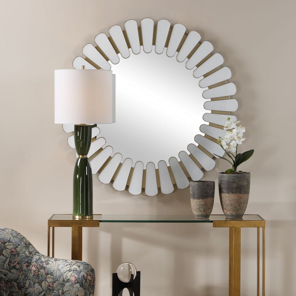 Uttermost Miran White Glass With Antique Gold Frame Round Mirror - Image 1