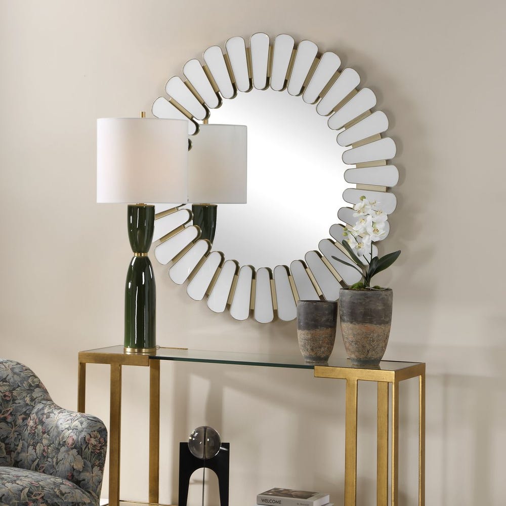 Uttermost Miran White Glass With Antique Gold Frame Round Mirror - Image 2