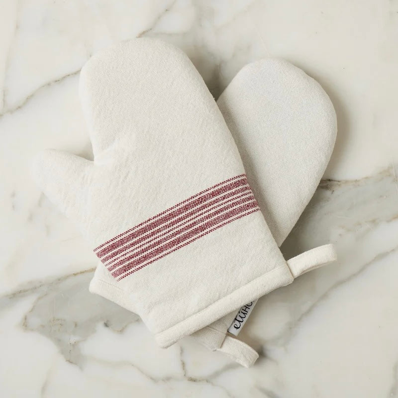 etúHOME Vintage Merlot Red Stripe Kitchen Oven Mitts ~ Set of 2