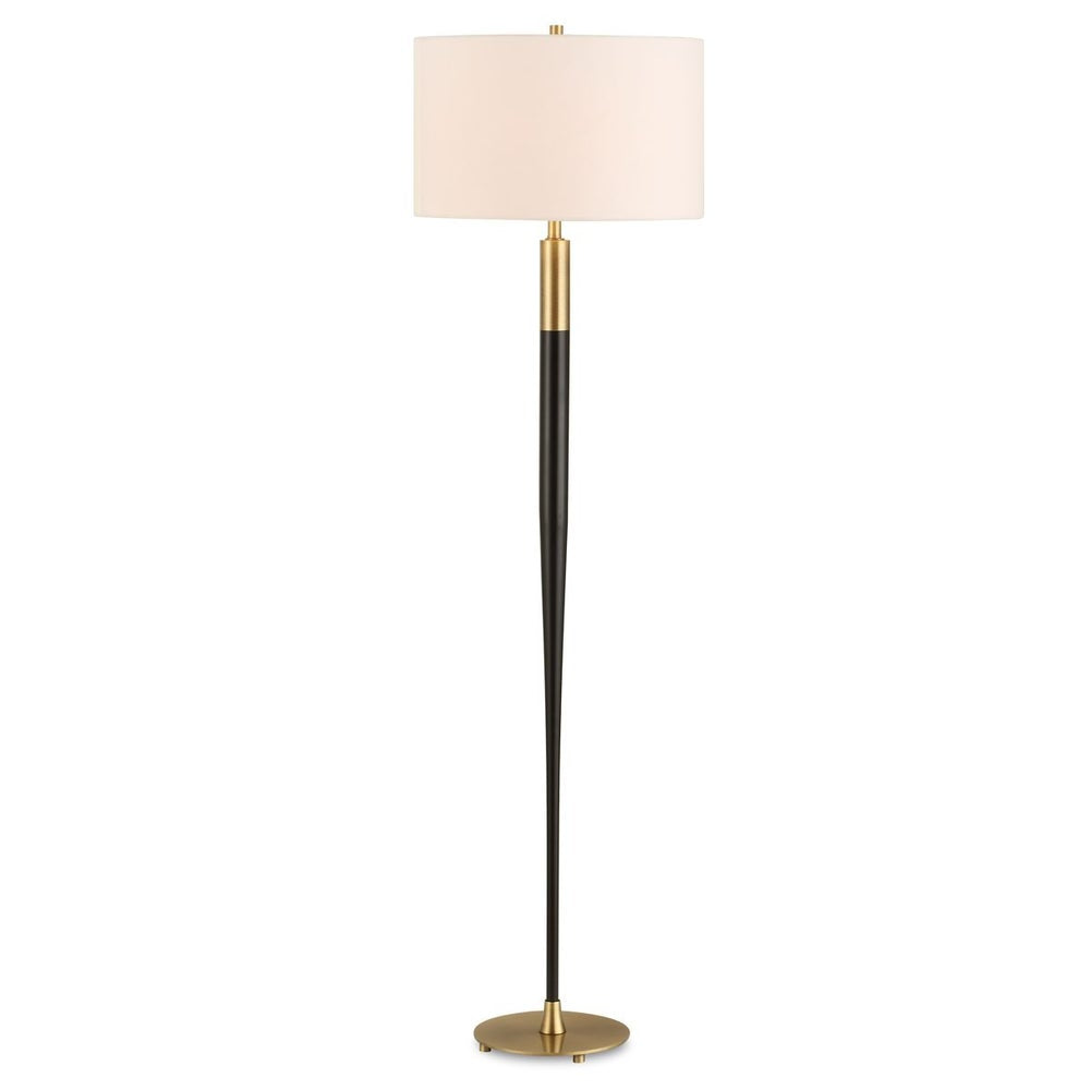 Uttermost Stowe Sleek Satin Black and Brass Base Floor Lamp With White Linen Shade - Image 2